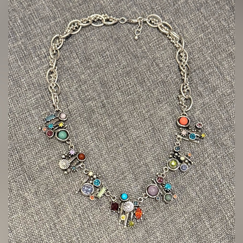 Patricia Locke Multicolor Crystal Gemstone Silver Chain Statement Necklace